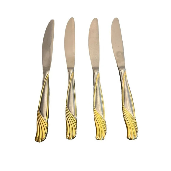 Cambridge Stainless Florentine Set of 4 Solid Butter Knives Silver Gold 8 5/8" - Picture 3 of 6
